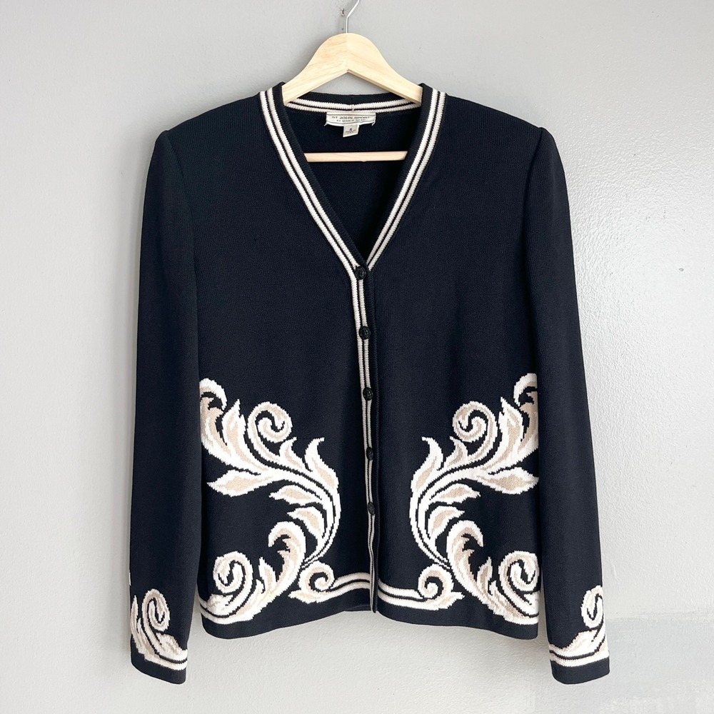 St. John Sport Cardigan Women S Black Baroque Scroll Knit Sweater Preppy Classic